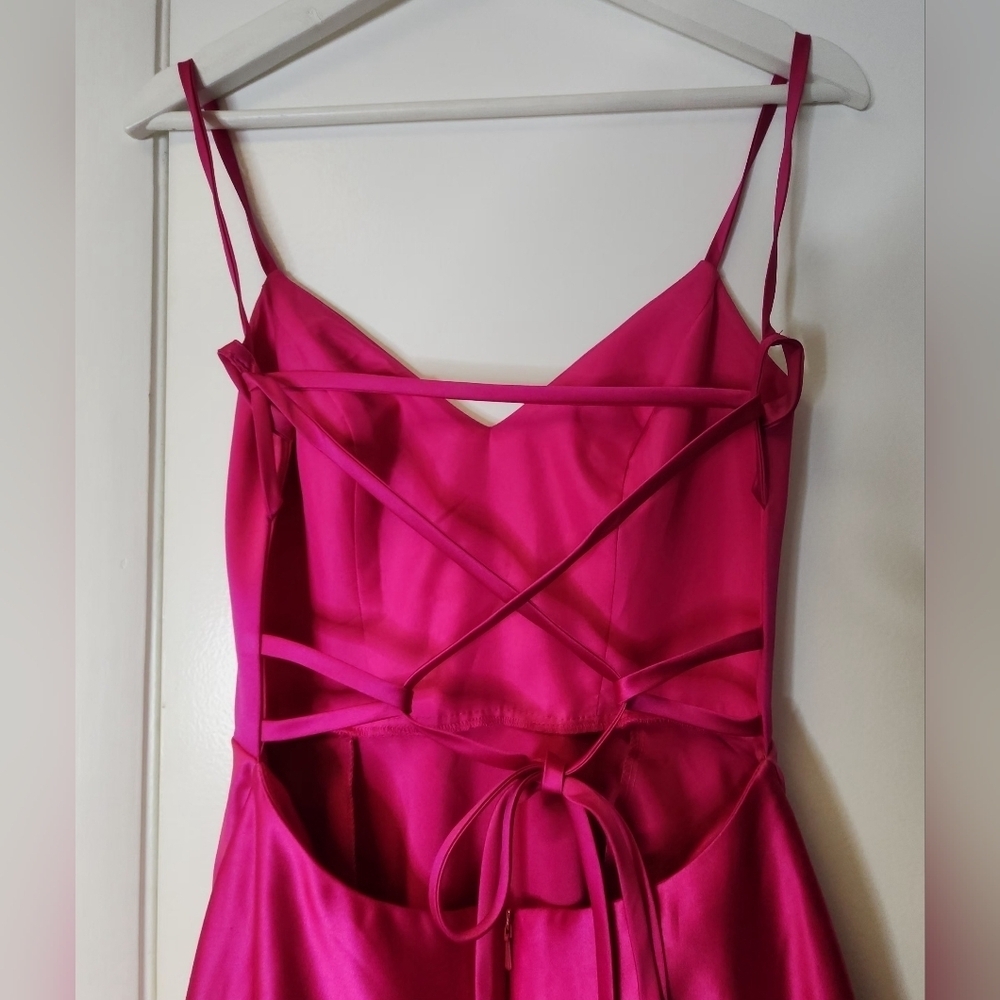 JULES AND CLEO DAVID'S BRIDAL Satin Spaghetti Strap A Line Dress Hot Pink Size 4 - Picture 5 of 15